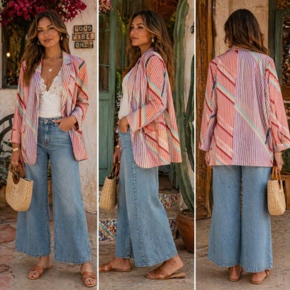 Womens XL Multicolor Geometric Open Front Blazer Eclectic Patchwork Colorblock